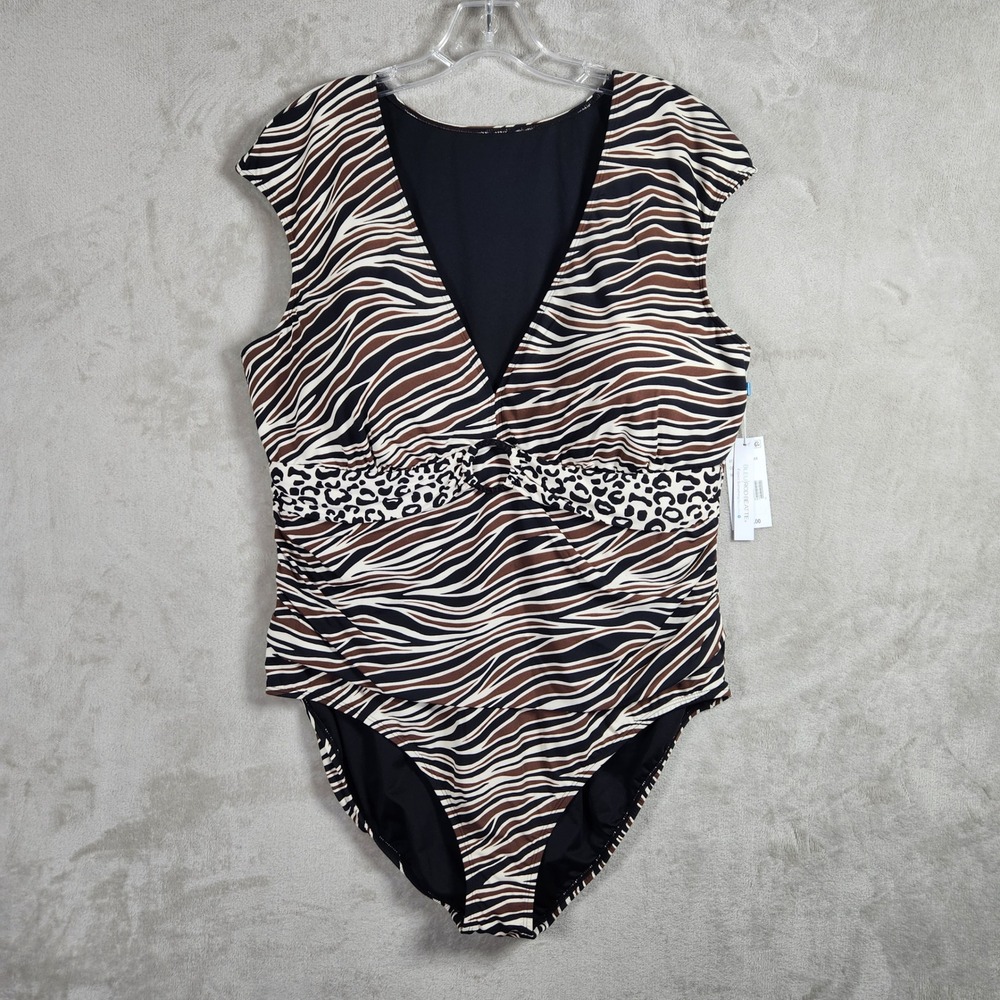 Bleu Rod Beattie One Piece Swimsuit Womens 22W Pecan Zebra Animal Print V-Neck